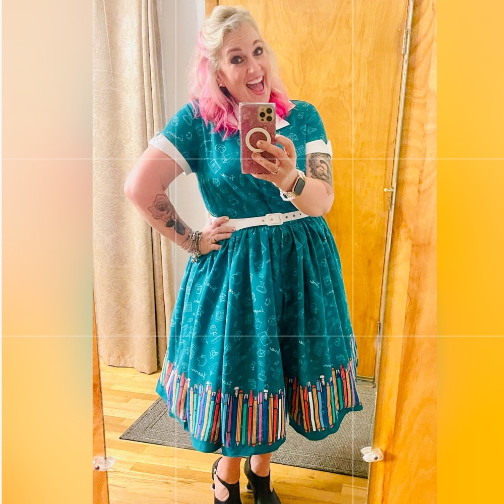 Unique Vintage School Themed Dress with Colorful Pencil Hem